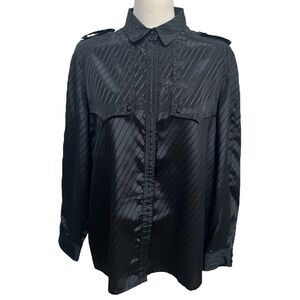 VINTAGE Mihang Black Striped Collared Blouse Shoulder Detail Women's Size 16